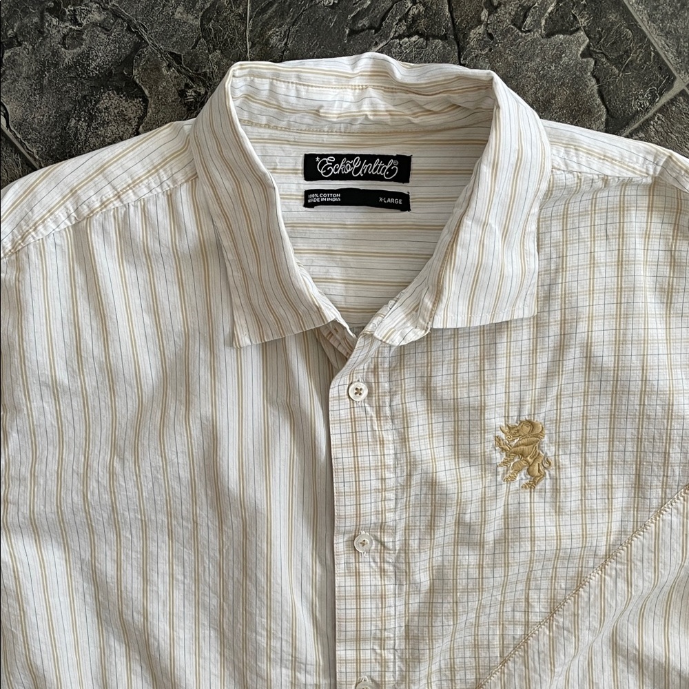 ECKO Men's Striped Tan & White Button-Down Preppy Urban Business Casual Shirt